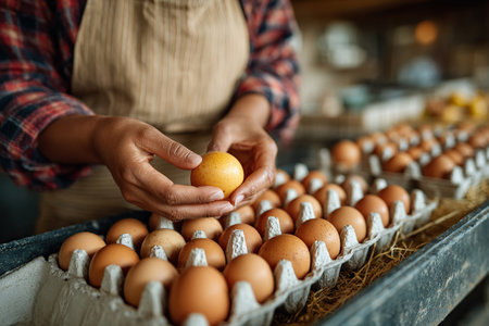 A tray of farm eggs in a chicken coop. A female farmer holds a fresh chicken egg. Concept of eco-friendly products. Poultry farm.の素材