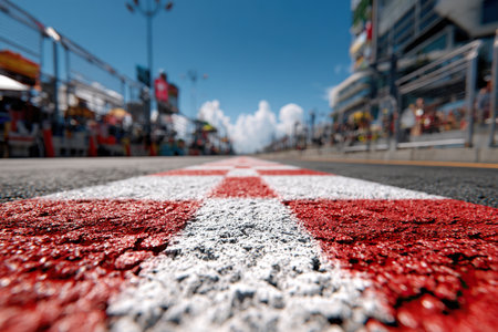 A ground-level view of the race track start on a sunny day. High-speed concept. Race track. World Cup concept.の素材
