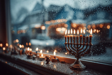 A copper menorah with flaming candles creates a cozy, festive atmosphere in the room. The menorah stands on the windowsill in the twilight.の素材
