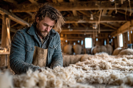 A man prepares sheep's wool in a workshop. Sheep farm.の素材