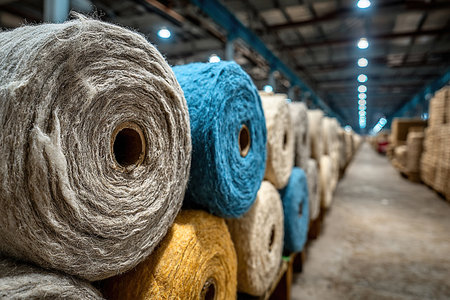 Large spools of fleece in a woolen factory. A busy wool production line at a factory.の素材