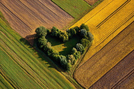 The heart shape is visible from above. Trees grow in a field, creating a heart shape.の素材
