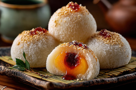 A sticky rice dessert with a liquid filling inside. A Japanese rice dessert on a plate at a restaurant. Rice dessert.の素材