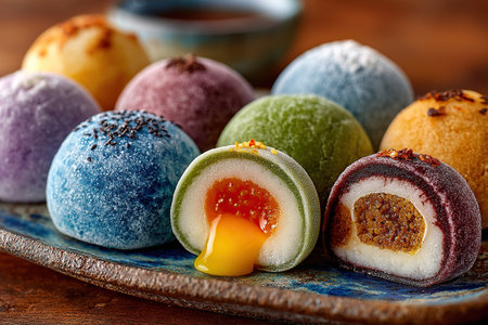 Daifuku rice noodles with different flavors and fillings are arranged on a plate. Traditional Japanese rice dessert Mochi.の素材