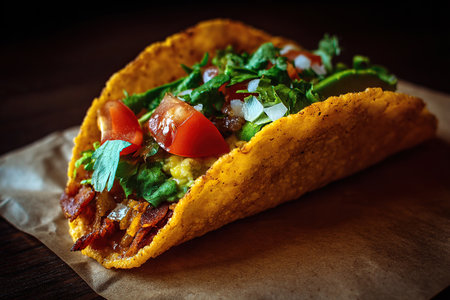 Close-up of a taco on parchment paper against a dark background. Tacos to go. Mexican cuisine.の素材