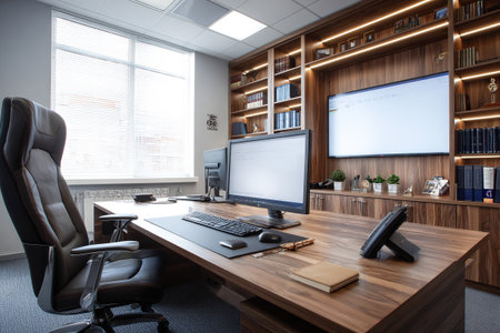 An empty office of the department head with a comfortable chair and a large wooden table. Monitors are installed in the office.の素材