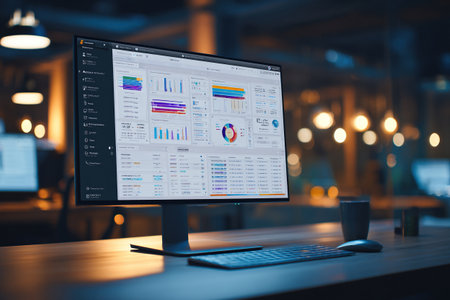 Evening office. A monitor with charts and graphs glows on the desk in the evening.の素材