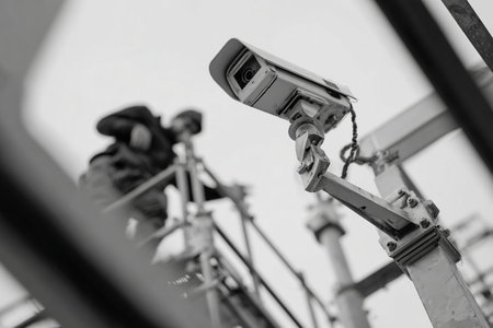 Installation and maintenance of a surveillance camera mounted at a height. Recording from a CCTV camera.の素材