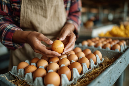Fresh chicken eggs collected in cardboard trays at a poultry farm. Organic products. A woman's hands hold a chicken egg.の素材