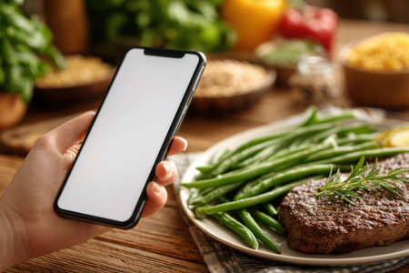 A woman uses a smartphone to count the calories in her plate of food. Food photos.の素材