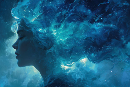 A woman with long, flowing, blue hair in the night sky. Cartoon style. Mental health concept.の素材