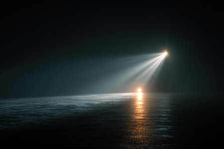 A dark room with bright light from spotlights. A spotlight illuminates the dark concrete floor.の素材