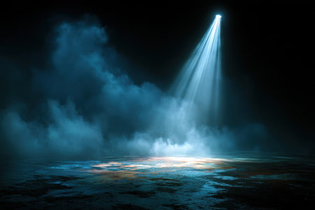 A gray textured concrete floor shrouded in smoke in the darkness, illuminated by a spotlight. Smoke drifts across the surface in the darkened room. A bright beam of light passes through the fog.の素材