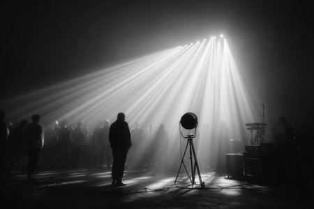 Backstage on a film set. Spotlights illuminate the crowd of extras. Film industry.の素材