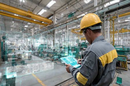 A worker in overalls uses virtual smart technology on a production line at a factory. The latest technologies in industry.の素材