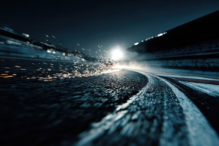 The race track leaves sparks on the floodlit night track. A night scene of a race track in motion.の素材