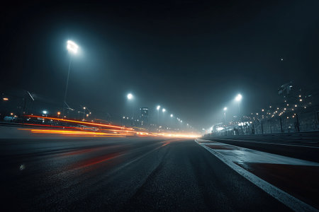 Abstract orange, red and yellow light effects on race track in the dark. A night scene of an empty race track.の素材