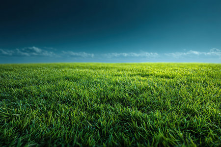 Green, lush grass under a blue sky. A large, open field of grass without bushes or trees. A peaceful and serene scene. Environmentの素材