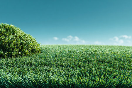 A large, open field of grass with a clear blue sky above. The grass is lush and green, and there are no trees in the foreground. The scene is peaceful and sereneの素材