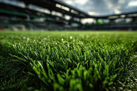 A blurred background of a lush green football field and stadium during the day. A defocused image serves as the background. Grass is in the foreground.の素材