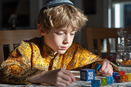 A Jewish boy plays with blocks while sitting at a table. A Jewish boy with a yarmulke on his head arranges dreidels on a table.の素材