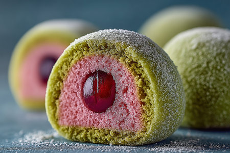 A spherical dessert with pistachio and raspberry flavors. This multi-layered dessert is a delightful combination of raspberry and pistachioの素材