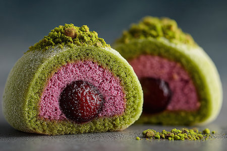 A pistachio and raspberry-flavoured sponge cake and mousse dessert garnished with pistachio crumbles.の素材