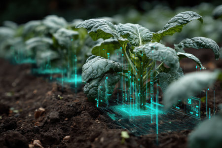 A potato sprout in an agricultural field is surrounded by neural projections. Smart technologies of the future in agriculture.の素材