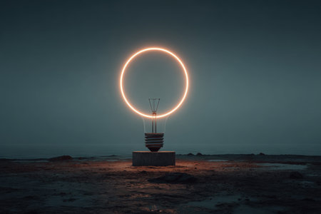 A neon-lit circle of a light bulb on a deserted beach. A symbol of ideas, technology and innovation.の素材