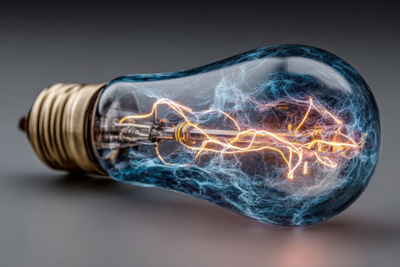 A conceptual image of a transparent light bulb containing glowing neural threads. A symbol of intelligence, creativity, and innovation.の素材