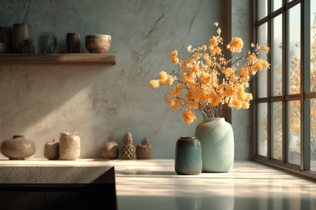 A modern kitchen with a marble countertop, ceramic dishes and dried flowers in a vase by a large window. A calm and aesthetic interior with warm natural light.の素材