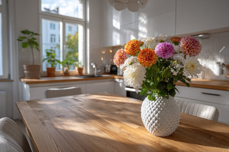 A wooden kitchen table with a bouquet of flowers in a white ceramic vase. A calm and aesthetic interior with warm natural light.の素材