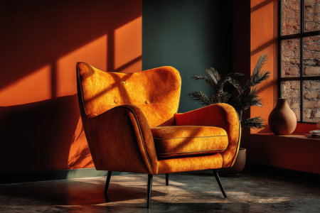 An empty room with a single yellow armchair against a textured wall with glare from the sun. Cozy yellow armchairの素材
