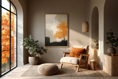 A room bathed in autumn sunshine features a cozy armchair, a painting on the wall, and a potted plant. Large panoramic windows.の素材