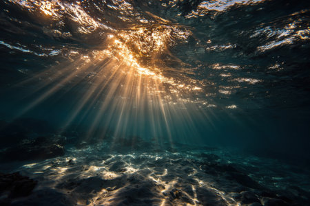 Rays of light shining under dark water during sunrise. An empty stage underwater.の素材