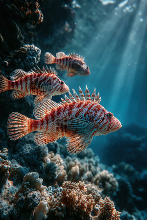 A school of zebrafish or striped lionfish underwater near coral formations. Vertical photoの素材
