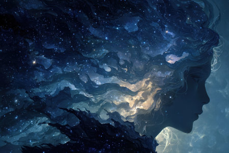 Silhouette of a female face with flowing hair and a starry night sky. A futuristic womanの素材