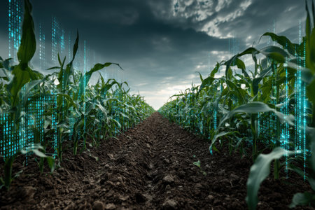 An illustration of smart and precision farming. Corn seedlings growing in a field, along with infographics. Smart technologies of the future in agriculture.の素材