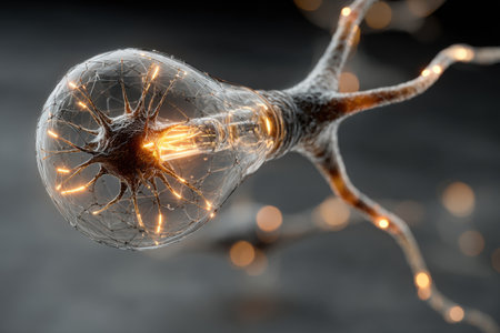 Abstract visualization of a neural network using an incandescent light bulb as an example. Glowing dots and lines of neural connections.の素材