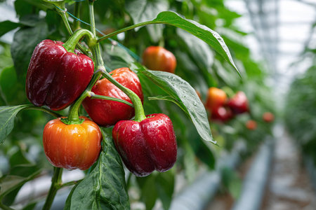 Fresh red and orange bell peppers grown in greenhouses.の素材