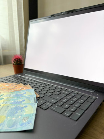 Banknotes are fanned out on a laptop keyboard with a blank white screen. The concept of earning money online and working from home.の写真素材