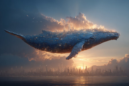 Fantasy illustration of a city on the back of a whale soaring in the sky. The concept of the possibility of the unreal.の素材