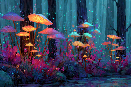Mushrooms in a mystical forest emit a neon glow. Fluorescent glow from mushrooms. Fantasy illustration.の素材