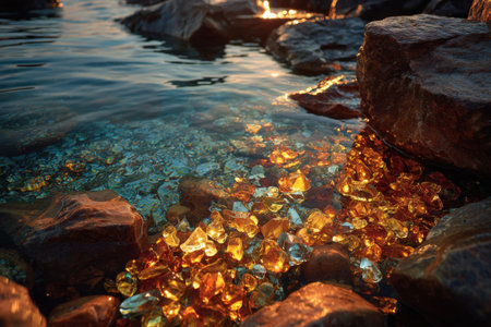Raw amber stones sparkle at sunset along a rocky seashore. A stunning natural sea scene.の素材