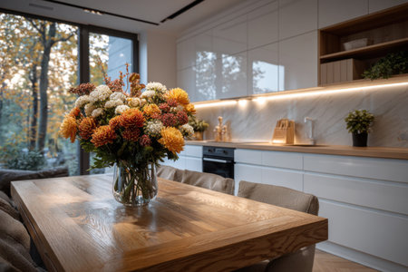 A modern kitchen interior with a large wooden table for the whole family. A bouquet of different flowers in a vase on the table. Light-colored kitchen cabinetry.の素材