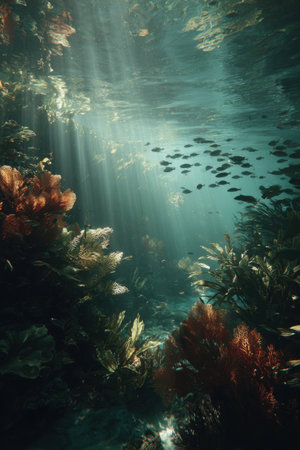 Coral reefs with schools of fish underwater. Vertical imageの素材
