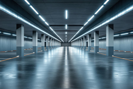 A long corridor of an empty underground parking lot with parking spaces and illumination. Underground parking blankの素材