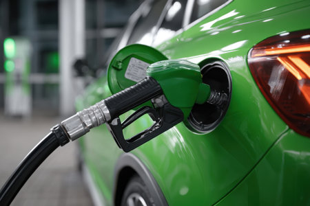 a green electric car is connected to a charging station. alternative energy conceptの素材