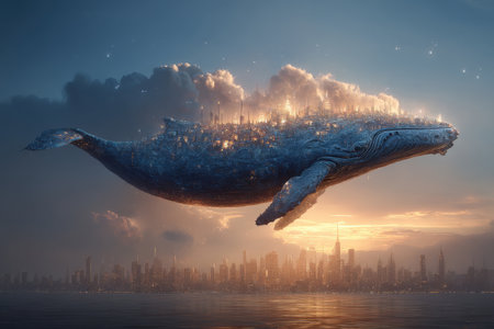 A fantastical image of a whale with a city on its back, floating in the sky. A whale soars through a dreamlike celestial landscape.の素材