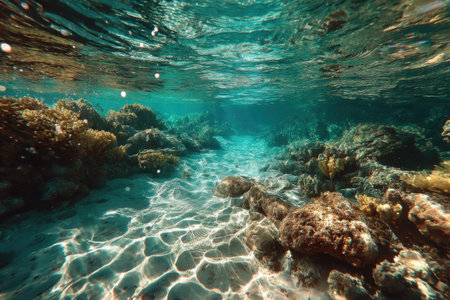 A calm underwater scene with clear, transparent water and a sandy bottom. Rays of sunlight penetrate the clear blue water.の素材
